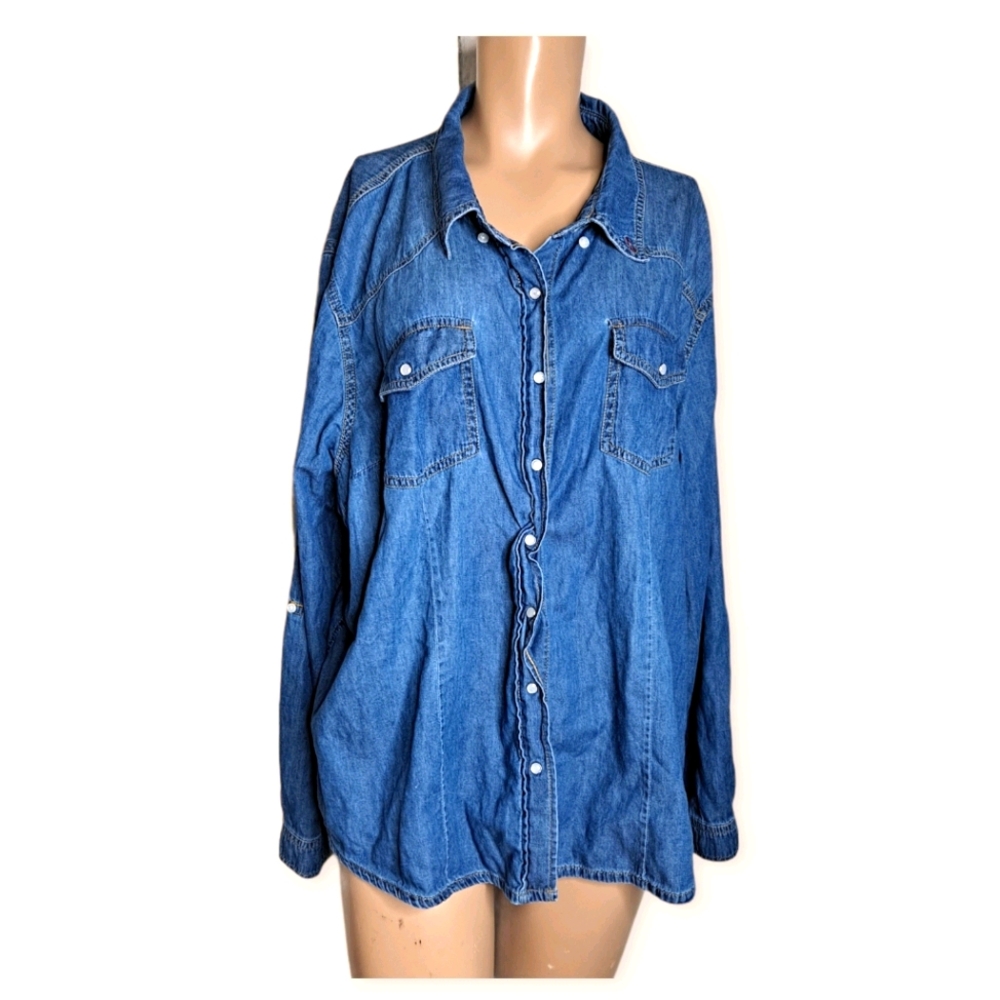 Highway Jean Distressed Chambray Snap Button Top